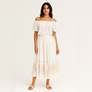 ANTHROPOLOGIE FABINDIA Gold Embroidered Maxi Skirt White